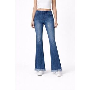 Tricot Pull On Fringe Flare Denim Jeans Light Wash Size M